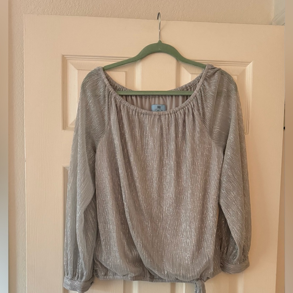 CeCe Shimmering Silver Blouse with Tie-Waist